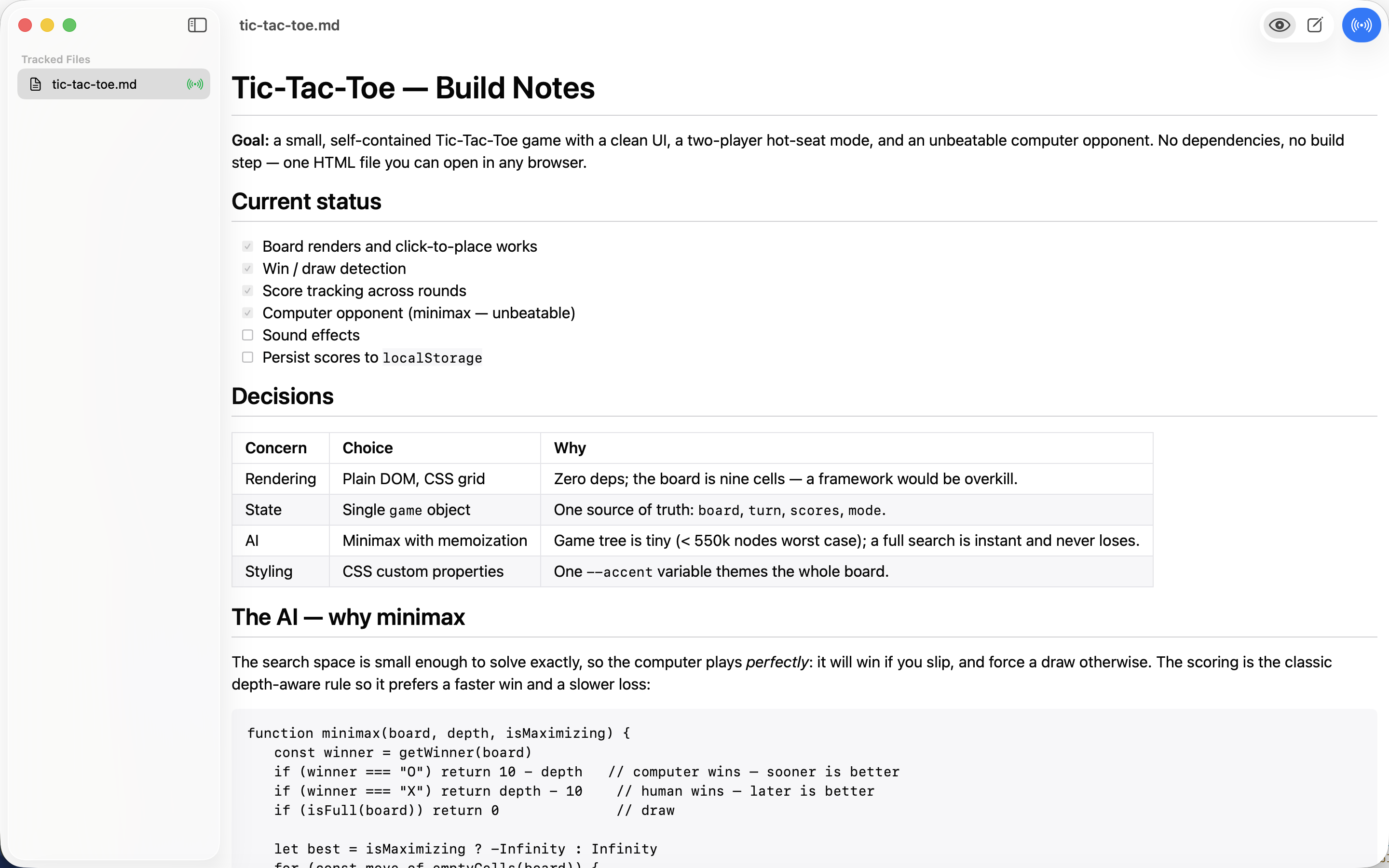 PlanWatch on macOS rendering a Markdown file live