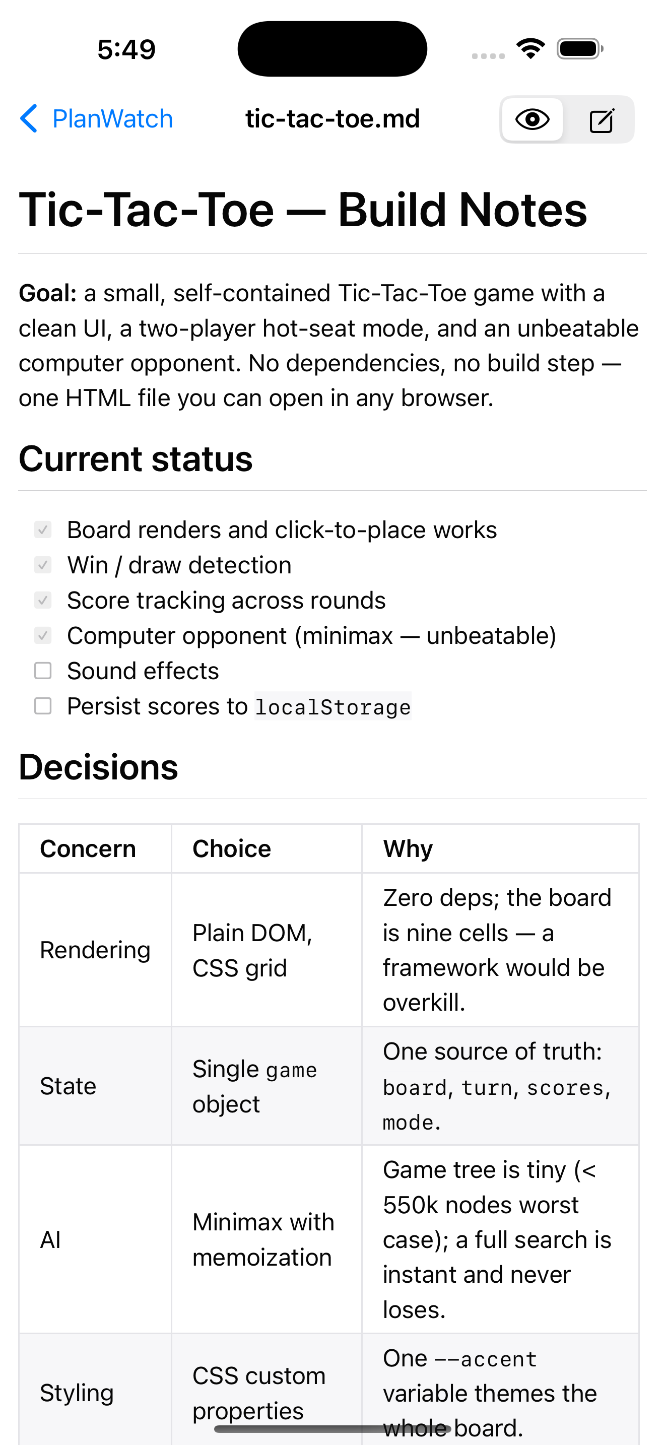 PlanWatch companion app on iPhone
